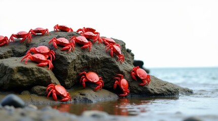 Red crabs gather on coastal rocks