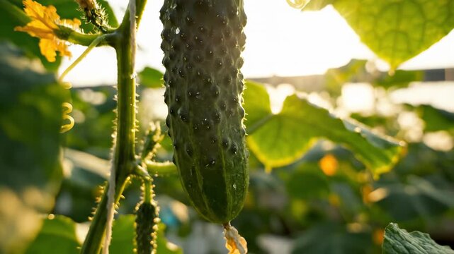 Fresh green cucumber ripens in a sunlit greenhouse. Water drops cling to its bumpy skin and green leaves. Morning sunlight shines through.