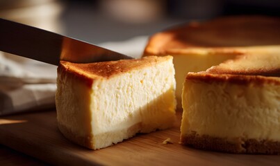 beautifully sliced cheesecake with clean edges, warm knife cold cake technique