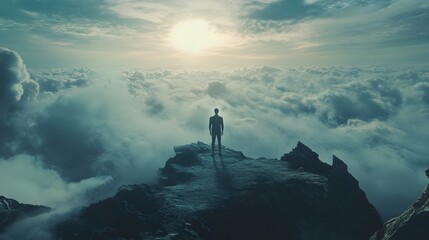 A lone man stands on a clifftop, gazing out at a breathtaking sea of clouds and a distant sun.