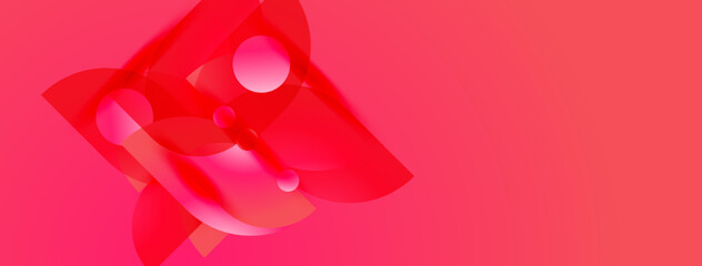 Abstract red shapes overlap, creating dynamic composition. Gradient hues suggest depth, light interplay. Minimalist design, vibrant color scheme.