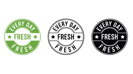 Three circular fresh food stamps in green, black and white colors