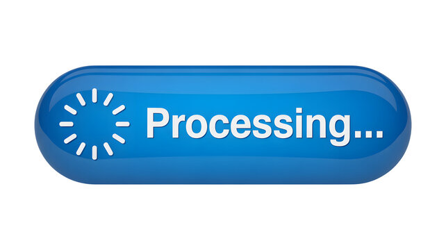 A glossy blue graphical user interface element with white text Processing and a circular loading animation set against a dark black background - Powered by Adobe