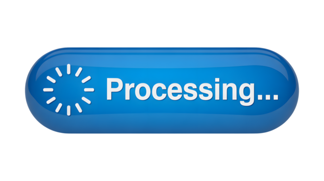 A glossy blue graphical user interface element with white text Processing and a circular loading animation set against a dark black background - Powered by Adobe