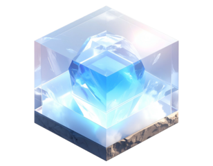 Isometric crystal structure with a glowing orb, encased in a transparent cube