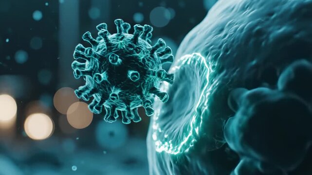 Coronavirus particle attacks a human cell. The cell emits a glowing electrical discharge. Microscopic visualization of infection.