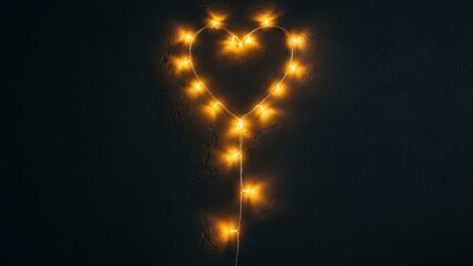 Warm heart shaped string lights on dark background