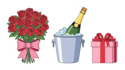 Romantic gift setup with roses champagne and present