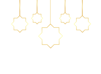 Minimal Islamic hanging ornament design featuring gold eight-pointed star shapes on a white background. Elegant Ramadan/Eid themed decoration for festive greeting cards, banners, and invitations.