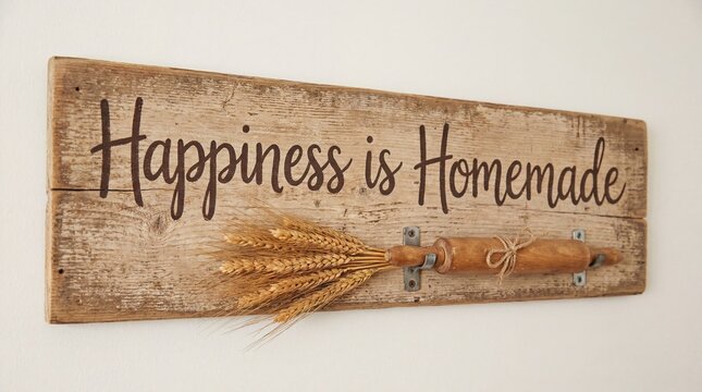 Rustic wooden sign with the quote happiness is homemade and a bundle of wheat and a small rolling pin attached, perfect for farmhouse kitchen decor or inspirational wall art - Powered by Adobe