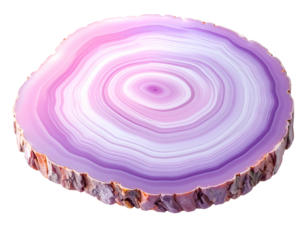 A cross-section of a polished, layered gemstone with a vibrant purple hue