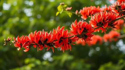 ibrant Red Palash Flowers on Branch with Blurred Background