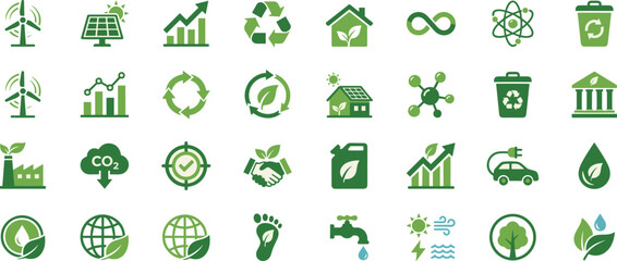 Eco sustainability and renewable energy icons set, recycling green technology, carbon reduction, clean power, environmental protection, flat vector illustration © Mosharaf Creative
