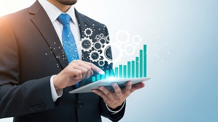 Businessman Analyzing Growth Chart on Digital Tablet with Gears.