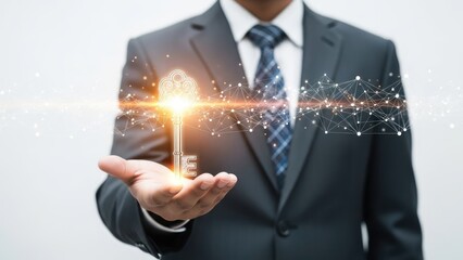 Naklejka premium Businessman holding a glowing golden key, symbolizing success and opportunity.