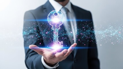 Businessman holding glowing digital key in hand representing security and access.