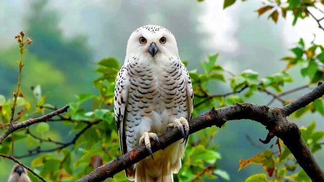 Majestic snowy owl perched upon a dark, textured branch, showcasing its distinctive white plumage and intense gaze in a natural woodland setting