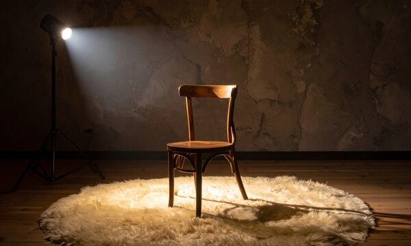 Empty Armchair Under Spotlights on a Dark Stage