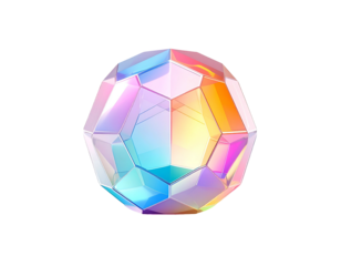 A geometric, faceted sphere with iridescent surfaces against black