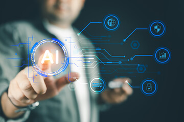 AI generative concept with smart man pointing on artificial intelligence to create prompt for command and generate ai to get output such as user login, data tools and data analysis