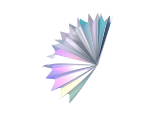 Abstract, iridescent fan shape with geometric, sharp edges on black