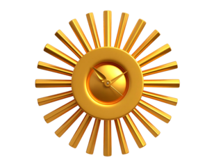Golden clock in a sunburst design on a black background