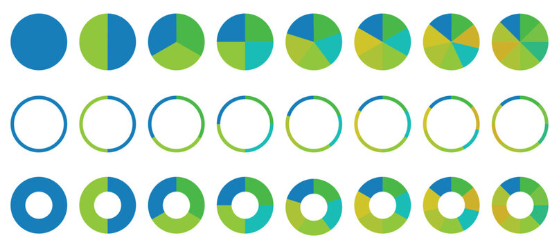 Circle pie chart diagram. Set of pie charts diagrams. Different color circles. donut and pie chart infographic elements. Colorful diagram graphs. Vector illustration.