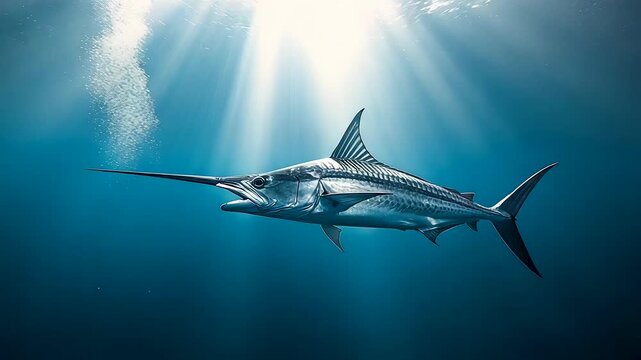 Large swordfish swimming underwater beneath bright sunlight rays in deep blue ocean environment