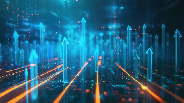 Stock of digital technology background with arrows pointing upwards and to the right, symbolizing growth, progress, data analysis, connectivity, and success in cyber space