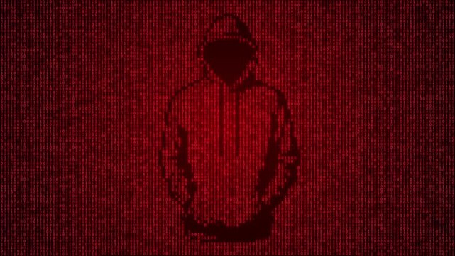 Looping Red Digital Hacker Silhouette in Binary Code Matrix Background, Cyber Security, Ransomware and Data Breach Attack Animation