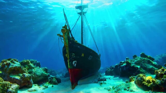 Mysterious antique shipwreck resting peacefully on the sandy ocean floor illuminated by dramatic shafts of bright, natural sunlight piercing the deep blue tropical water.