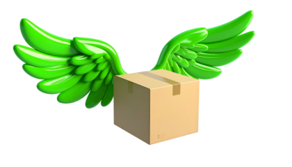 Cardboard box with green wings, representing fast and efficient delivery