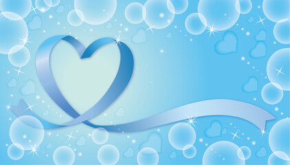 青いリボン　ハートの背景