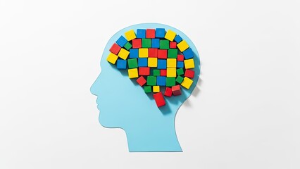 Human Head Silhouette with Colorful Blocks Representing Brain and Thoughts.
