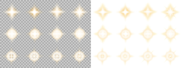 Set of realistic golden glow elements with soft light rays and starburst shapes. Perfect for magical effects, highlights, celebrations, and modern graphic projects.