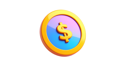 3D rendered coin with dollar sign, gold rim, and blue and purple background