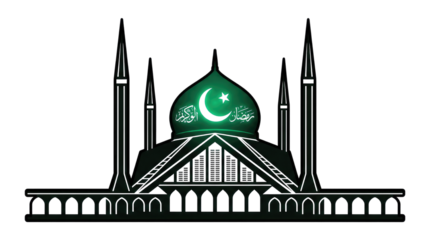 Illustration of a mosque with a green dome featuring a crescent moon and two minarets on each side no background