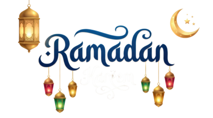 Ramadan text with hanging lanterns and a crescent moon illustration for a festive ready for compositing on white and transparent background