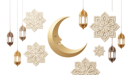 Golden crescent moon with hanging lanterns and star shaped decorations on a white surface, festive ornaments no background