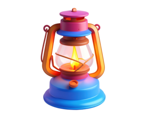 Colorful, animated kerosene lamp with glowing flame, isolated on black