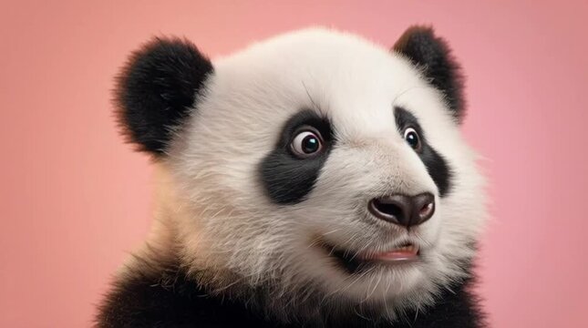 Capturing a Playful Panda Cub Exploring a Soft Pink Backdrop
