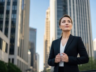 Businesswoman standing confidently in front of city skyscrapers and tall buildings