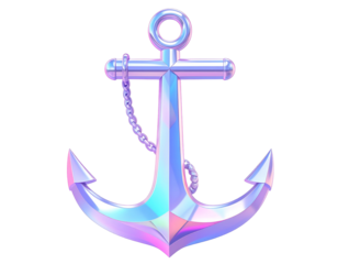 Shiny, holographic anchor with chain, against a black background