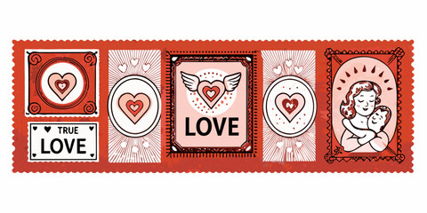 Obraz premium A collection of vintage style love themed postage stamps in red and white
