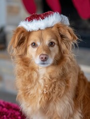 Dog in Santa hat sitting indoors