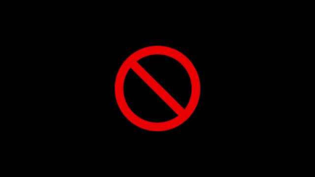 Warning, stop or no entry forbidden red circle on black background. Animation of delete, denied, ban or block icon animated.