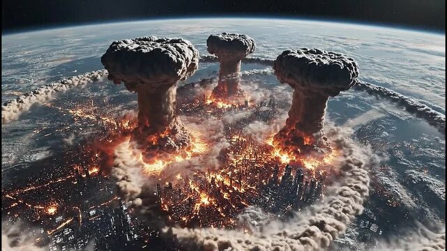 Nuclear bombs explosion on earth with three attack targets. 4K footage video