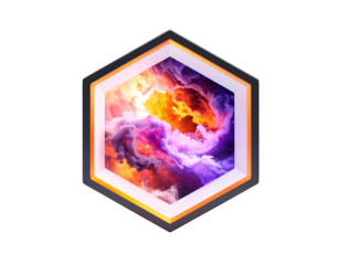 A vibrant abstract nebula contained within a hexagonal, glowing frame