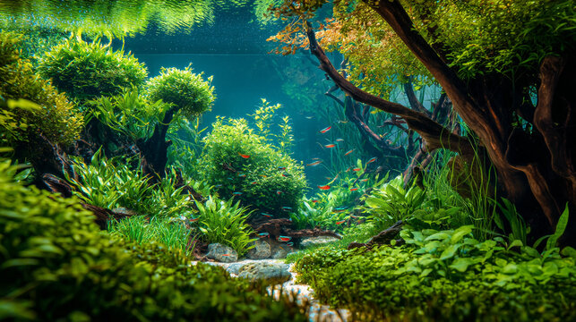 Vibrant Tropical Fish Tank with Intricate Aquascaping Design