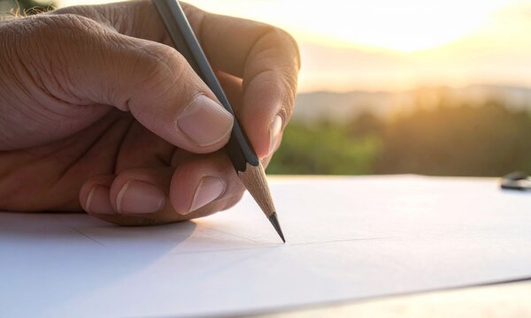 Close-up of a hand sketching with a yellow pencil on white paper